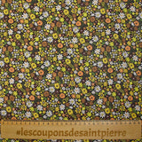Coton imprimé prairie en fleurs jaune fond marron foncé