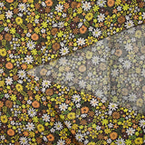 Coton imprimé prairie en fleurs jaune fond marron foncé