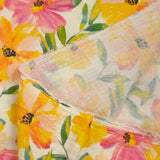 Double printed gauze yellow flowers and roses broken white background