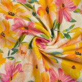 Double printed gauze yellow flowers and roses broken white background