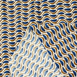 Maille crêpe imprimée vague bleu et marron fond écru