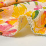 Double printed gauze yellow flowers and roses broken white background