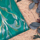 Mousseline de Soie vert canard Lys jacquard tissées or et argent