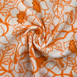 Lin viscose brodé ajouré fleurs orange fond blanc