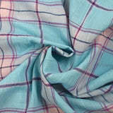 Voile de coton Lurex froissé à carreaux fond bleu ciel