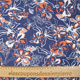 Viscose imprimée Moana corail fond bleu charrette