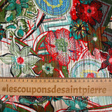 Muselina estampada con banda de raso floral rosa, verde agua y rojo