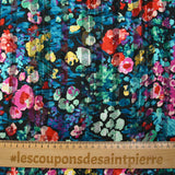 Printed muslin satin band Flora water green, purple and sky black background