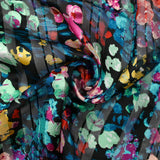 Printed muslin satin band Flora water green, purple and sky black background