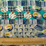 Mousseline imprimée bande satin galets de mer turquoise et vert d'eau