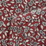 Mousseline imprimée crinkle fleurs écrues fond brique