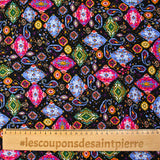 Viscose imprimée cachemire fuchsia et bleu fond noir