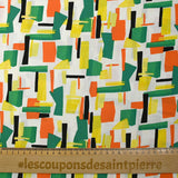 Viscose imprimée graphique orange, jaune et vert fond blanc