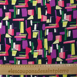 Viscose imprimée graphique fuchsia, mauve et vert fond marine