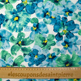 Viscose imprimée peinture florale vert d'eau et bleu fond blanc