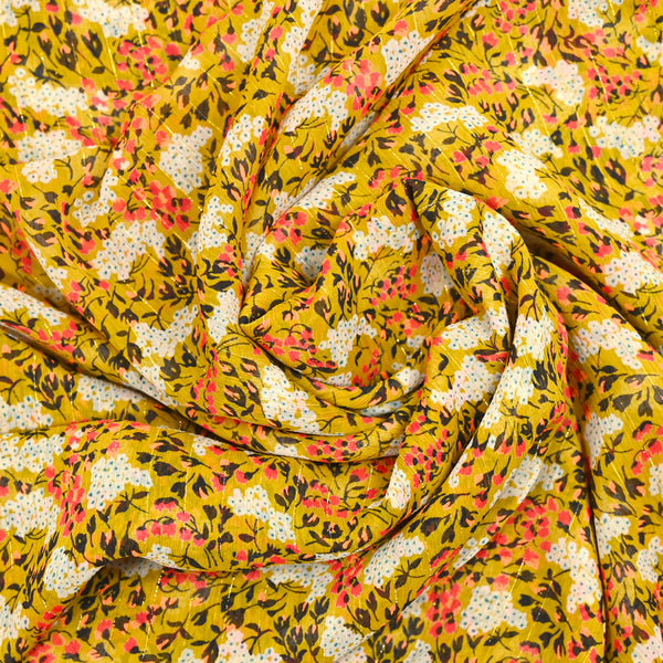 Mousseline de polyester imprimée rayée fleurs fond moutarde
