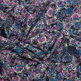 Mousseline de polyester imprimée rayée fleurs mauve et canard