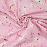 Cretonne de coton imprimé plume et fleur fond rose