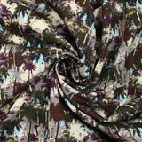 Satin de coton élasthanne palmiers violet, vert foncé et écru