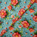 Coton imprimé fleurs en broderie fond bleu