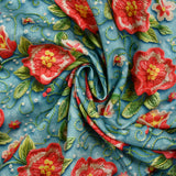 Coton imprimé fleurs en broderie fond bleu