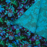 Maille de viscose satinée imprimée champs de fleurs bleu fond noir
