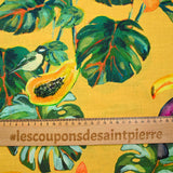 Coton imprimé monstera et papaye fond moutarde