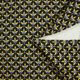 Velours polyviscose imprimé graphique jaune fond bleu marine