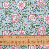 Cotton poplin digitally printed floral bohemian pink background smoky blue