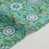 Cotton poplin digitally printed floral bohemian blue sea green background