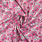 Coton indien imprimé Sandhya turquoise et rose fond blanc