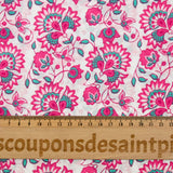 Coton indien imprimé Sandhya turquoise et rose fond blanc