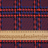 Maille jacquard polyviscose pied-de-poule corail, noir fond bleu roi