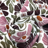 Velours de coton côtelé imprimé botanique rose sur fond blanc