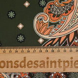 Satin polyester imprimé patchwork et cachemire marron fond kaki