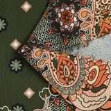 Satin polyester imprimé patchwork et cachemire marron fond kaki