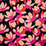 Satin de coton élasthanne fleurs rose fond bleu marine