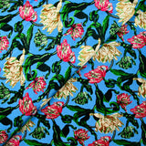 Maille velours imprimé botanique fond bleu turquoise