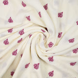 Double gaze brodée ornements prune fond blanc cassé