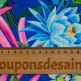 Satin polyester imprimé jardin botanique fond bleu roi