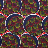 Coton imprimé ethnique Utrecht jaune et marine fond rouge