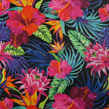 Coton imprimé jungle florale fuchsia fond noir
