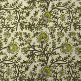 Coton indien imprimé liane de fleurs anis fond beige crème
