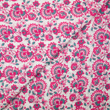 Coton indien imprimé Sandhya turquoise et rose fond blanc
