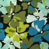 Crépon de viscose imprimé éclat de fleurs pétrole et anis fond noir