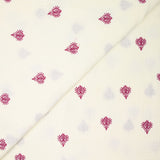 Double gaze brodée ornements prune fond blanc cassé