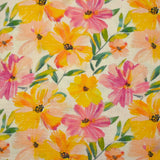 Double gaze imprimée fleurs jaunes et roses fond blanc cassé