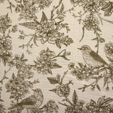 Double gaze imprimée toile de Jouy oiseaux taupe fond écru
