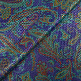 Jacquard polyester lamé cachemire turquoise et rouge fond indigo