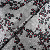 Jersey lamé argent imprimé fleur de sakura rouge et noir